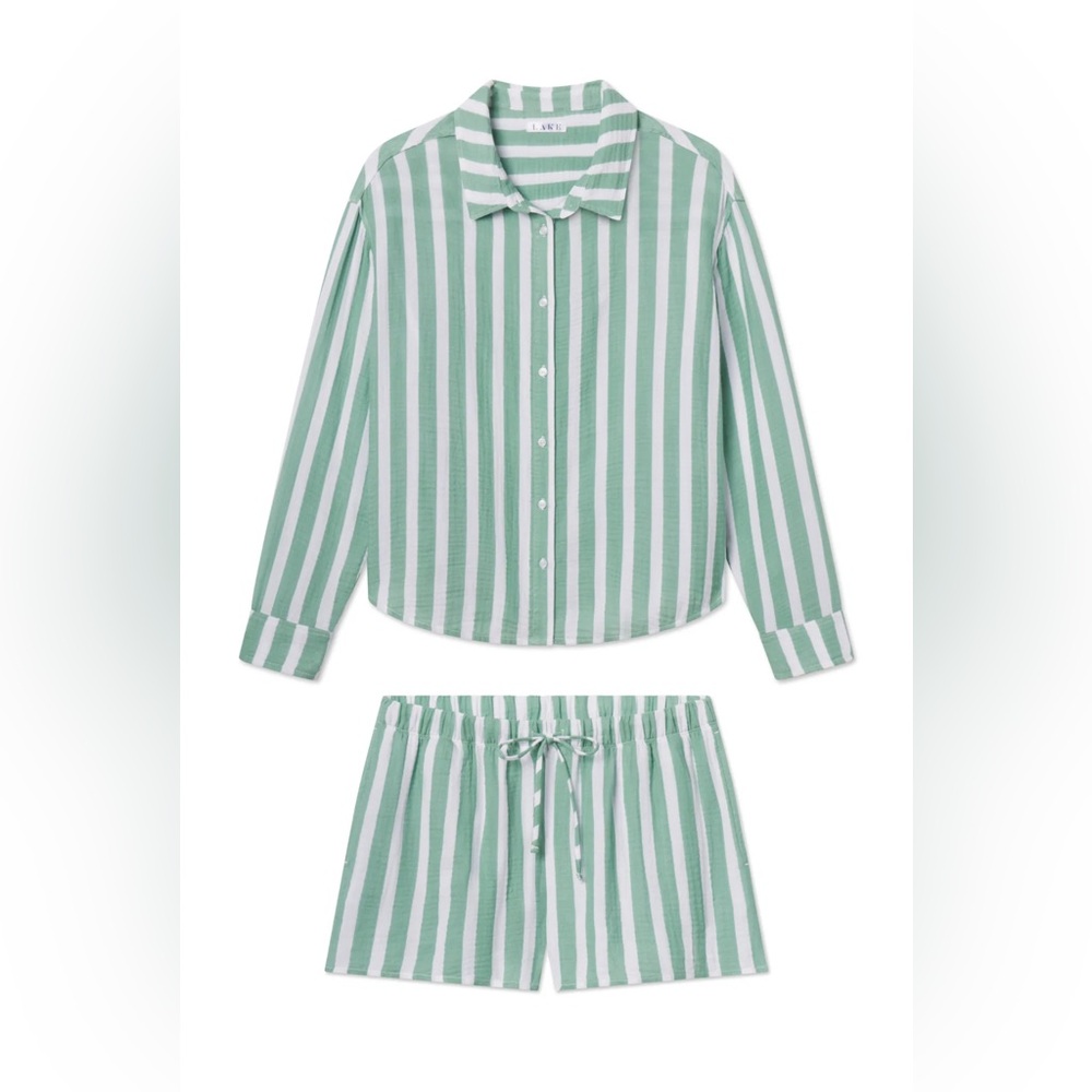 NWOT Lake Pajamas Nantucket Shorts Set in Granite Green Sail Stripe - Picture 3 of 5